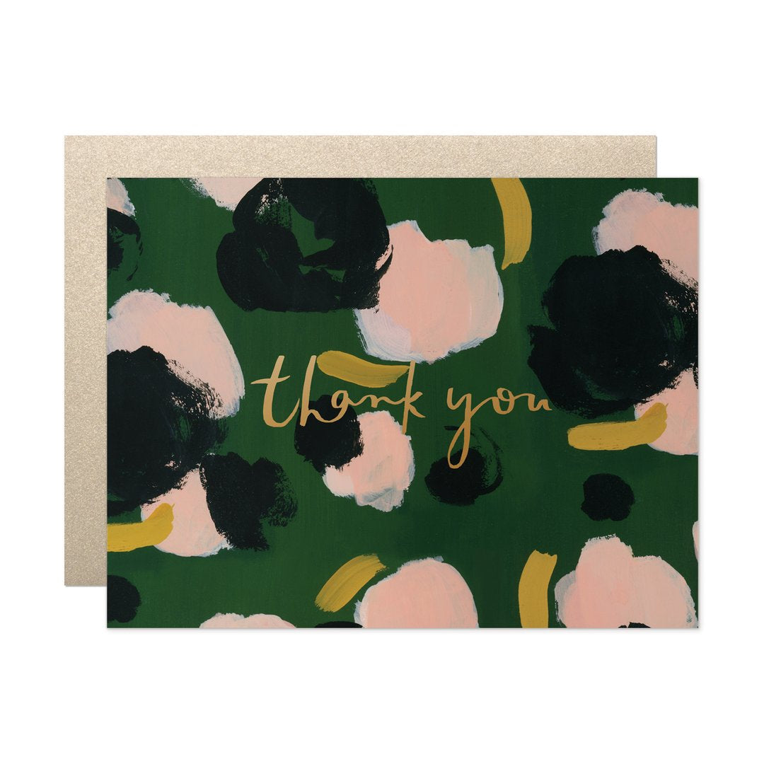 thank you, thank you card, gold foil, green pink black paint background