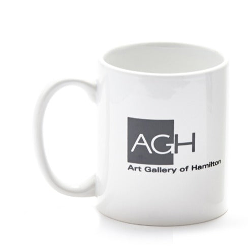 art gallery of hamilton mug, white mug, black AGH logo design