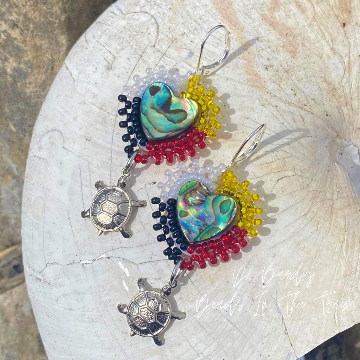 Beaded Abalone Hearts with Turtle Charms Earrings